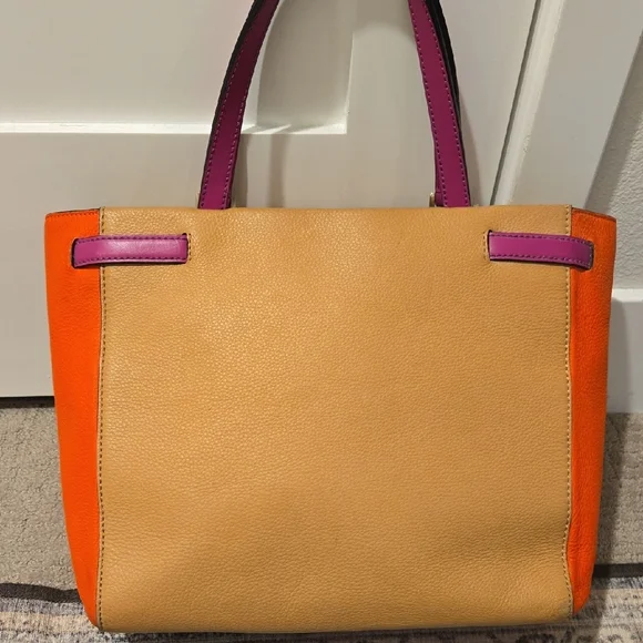 Kate Spade Colorblock Leather Tote Orange Pink Tan Shoulder Work Bag Spring - Picture 7 of 10